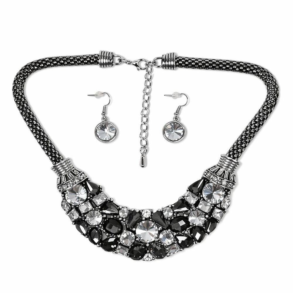Gunmetal Rhinestone Statement Bib 18" - 21" Necklace & Drop Dangle Hook Earrings